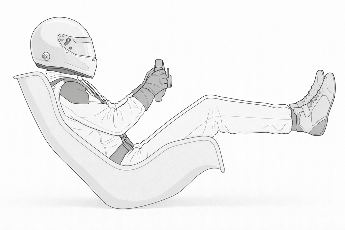 Formula-style sim racing cockpit seating position
