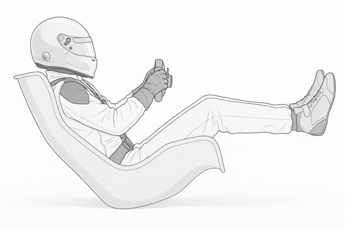 Formula-style sim racing cockpit seating position